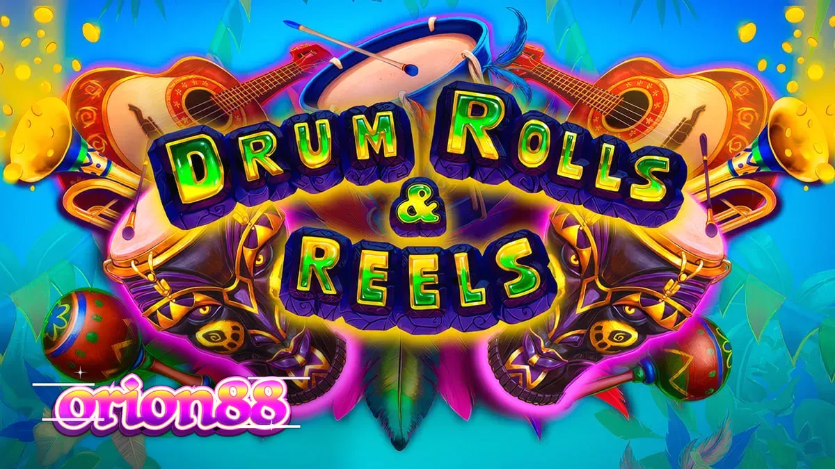 Tampilan visual slot Drum Rolls & Reels dengan tema karnaval Brasil yang meriah